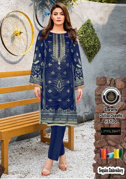 3PCS embroidered lawn suit with chiffon dupatta for sale 12