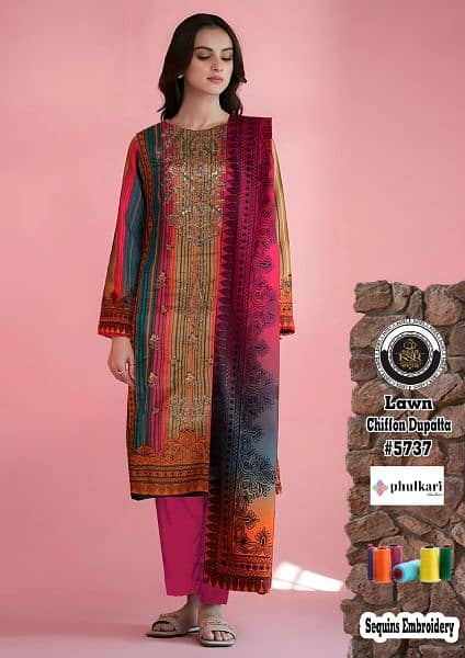 3PCS embroidered lawn suit with chiffon dupatta for sale 14