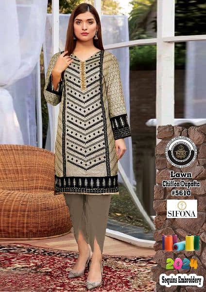 3PCS embroidered lawn suit with chiffon dupatta for sale 16