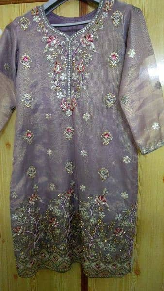 embroidered organza 3-pc Chinese violet colour ready to wear suit. 0