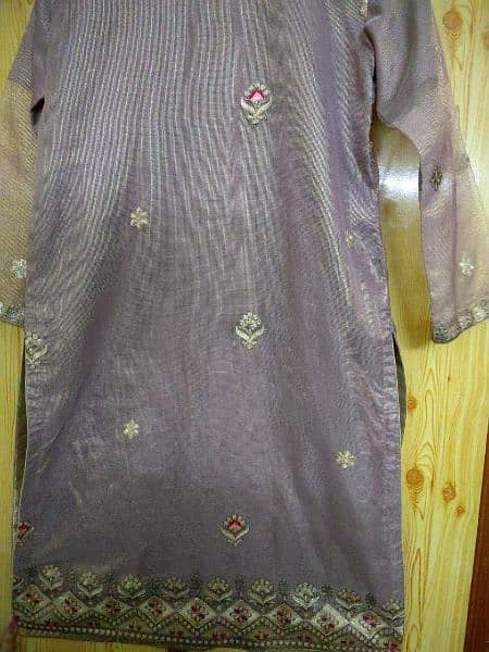 embroidered organza 3-pc Chinese violet colour ready to wear suit. 1