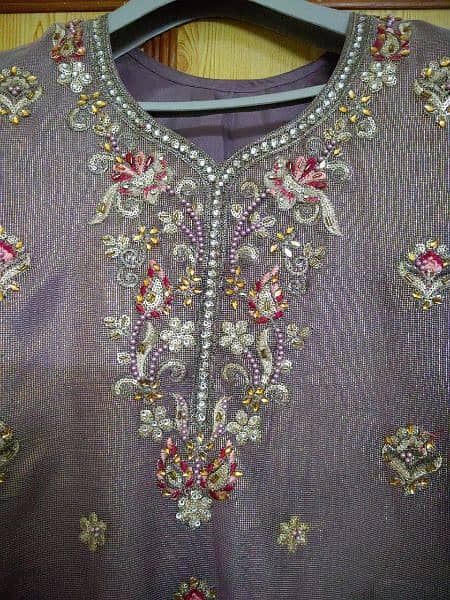 embroidered organza 3-pc Chinese violet colour ready to wear suit. 2