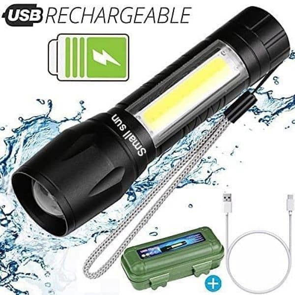 Zoomable Rechargeable LED Torch-Micro USB Charging with Cable and Case 1