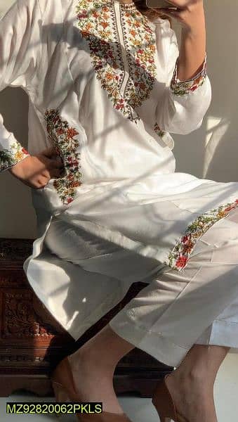 2Pcs Women Stitched linen embroidered Shirt & Trousers 1