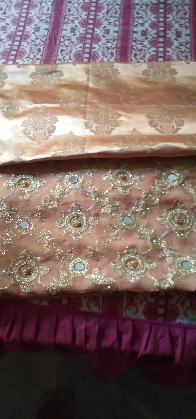 Unstitched chiffon with mirror work on shirt along bnarsi trouser 2