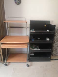 computer trolly and storage shelves