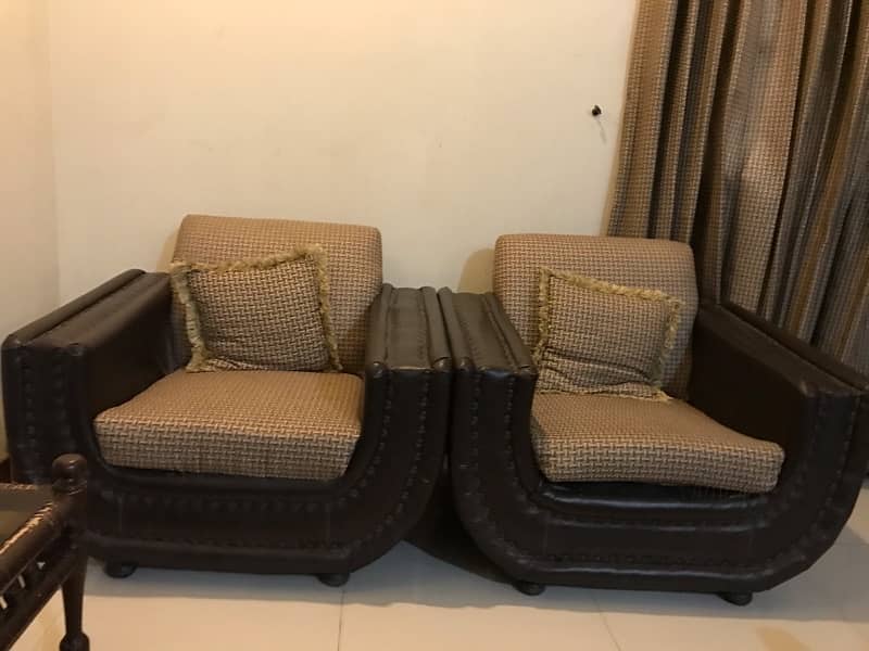 Leather Sofa set with cushions in cross-stitch design. 0