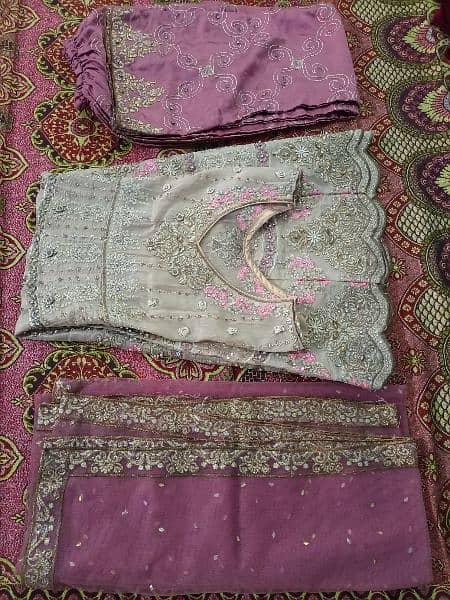 3 piece embroidery dress,net shirt, net dupatta,silk trouser. 4