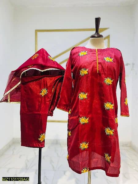 3 Pcs Katan Silk Embroiderd Stitched Suit 1