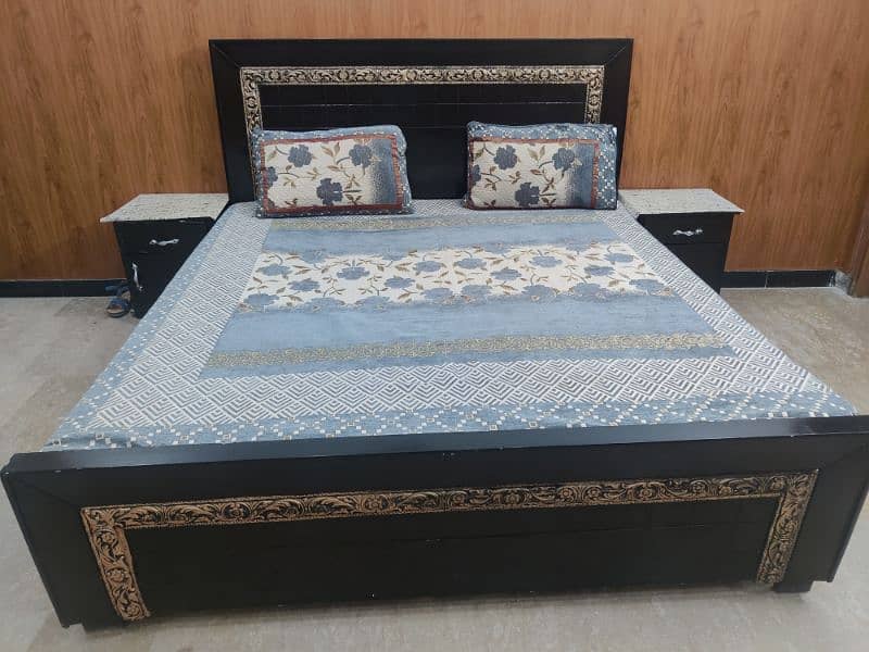 wooden double  bed  with side tables and mattress 1