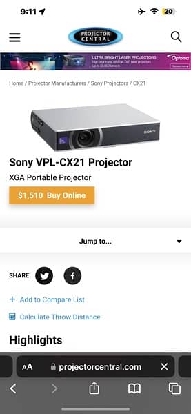 projector Sony VPL-CX21 3LCD Portable Projector XGA 1080i 2100 ANSI 1