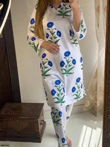 2 Pcs Women's Stitched Linen Printed Shirt And Trouser 1