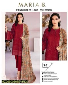 3 Pcs Women's Unstitched Lawn Embroidered Suit