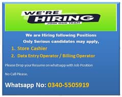 We Are Hiring for (Store Cashier & POS Billing Operator)