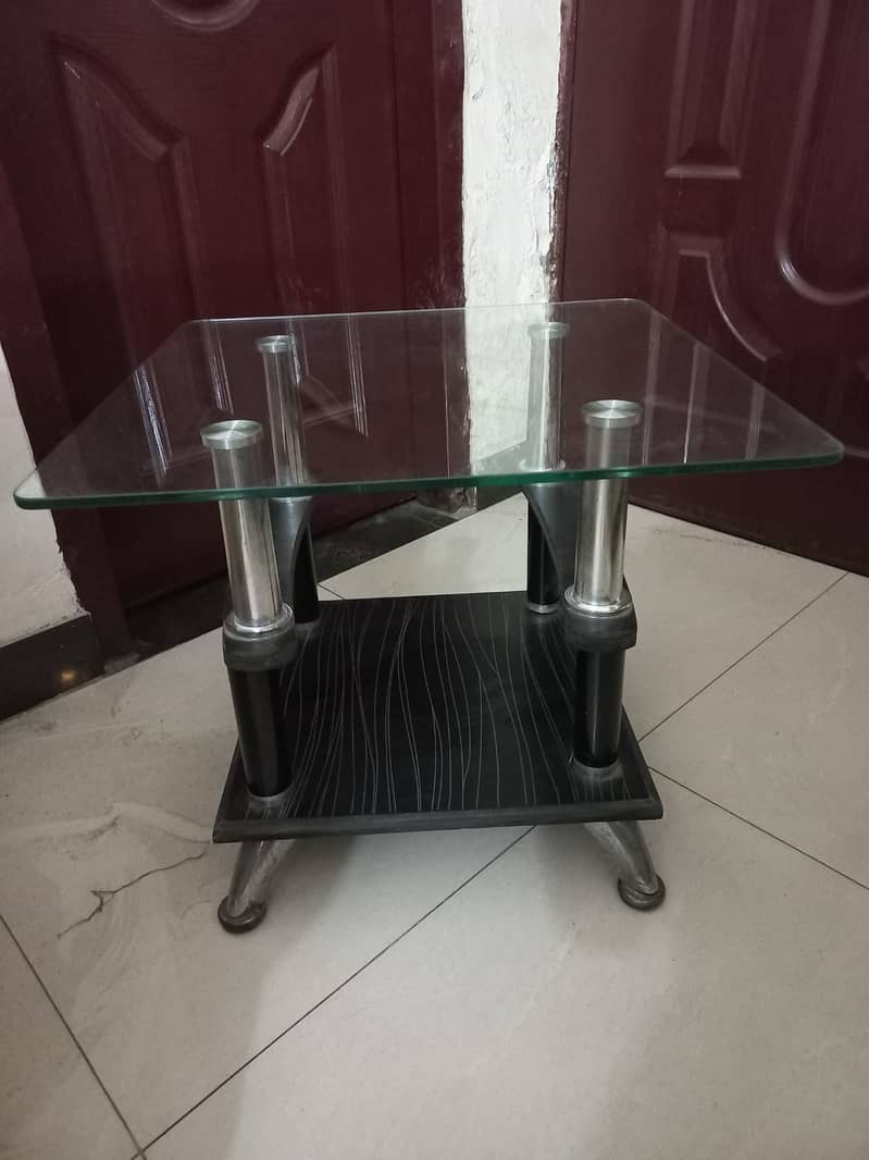 3 piece glass + wood center table set (1 large, 2 small tables) 2