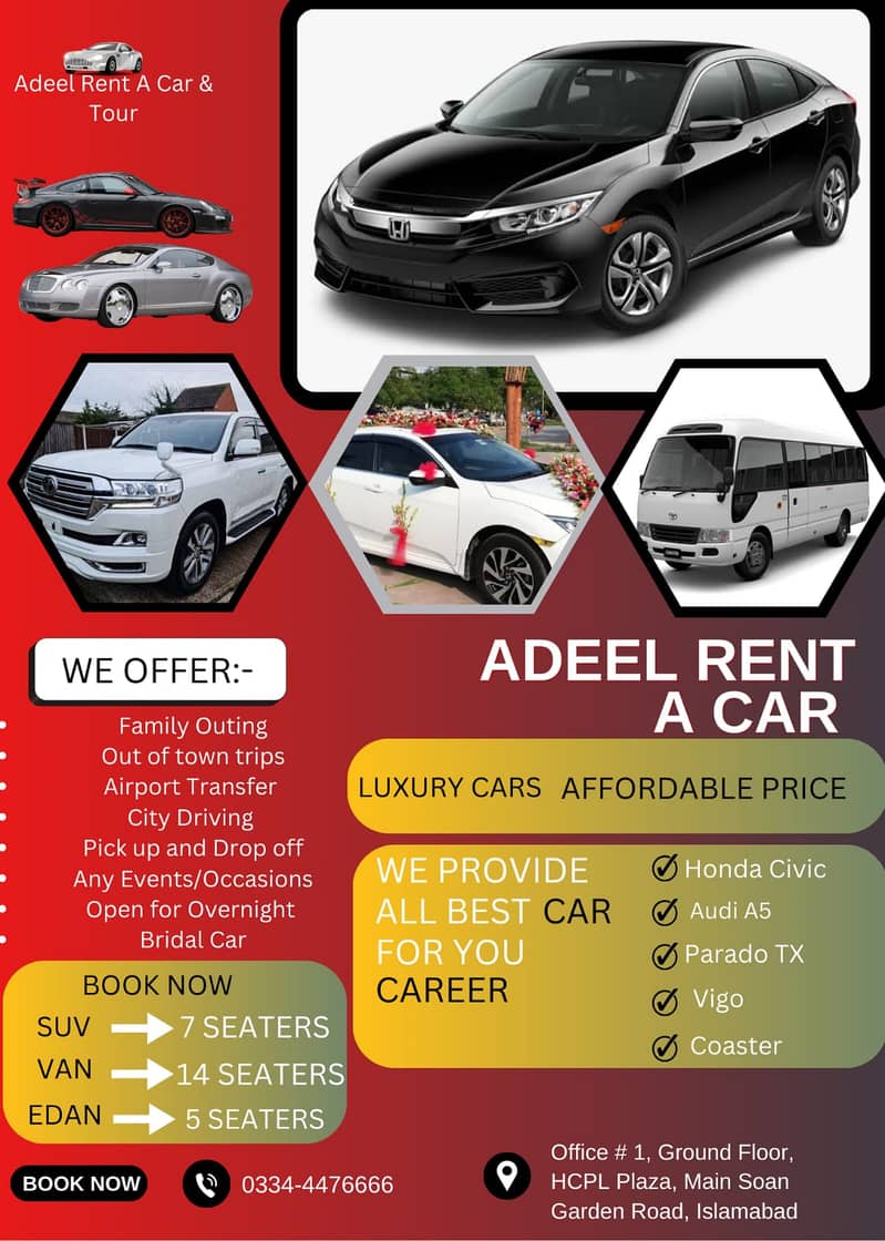 Rent a car/Tourism/Tour/Car Rental/Honda/Civic/Audi/Coaster/GLI/Alto 0