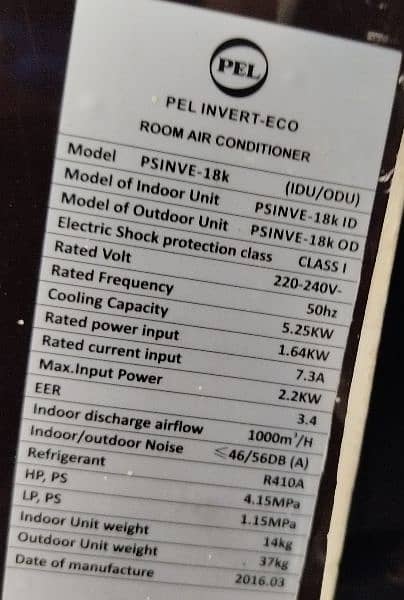 Inverter AC PEL 1.5 TONS almost new very less used 5