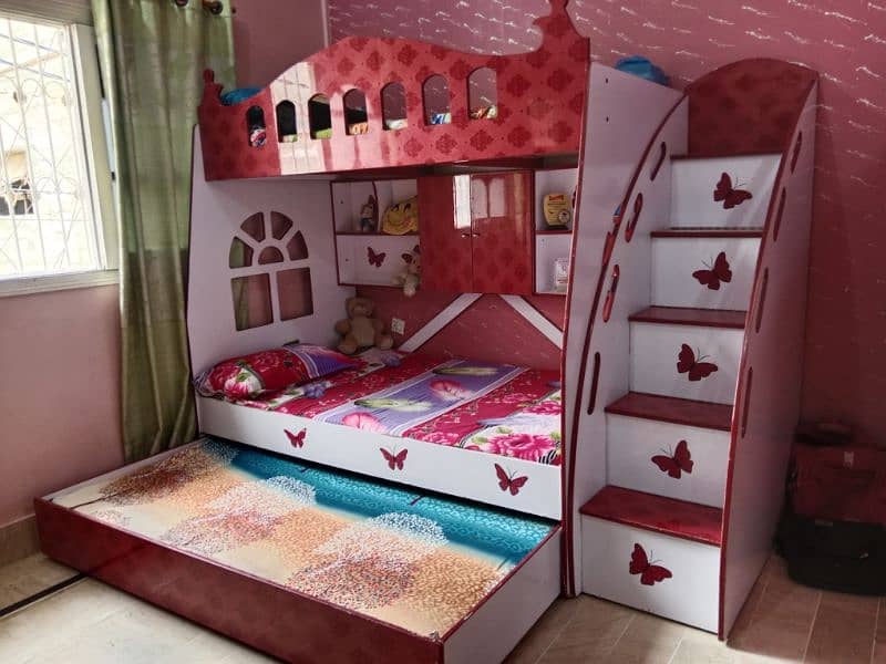 Red kids bed. Three storage bed set with mattresses 2