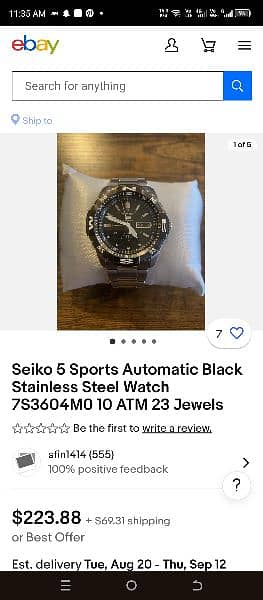 Seiko 5 Sports Automatic Black Stainless Steel Watch 7S3604M0 6