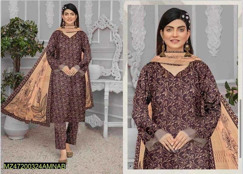 3 Pcs Women's Unstitched Lawn Printed Suit 0