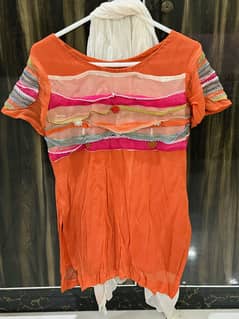 Orange T Shirt with Net Lace, Sharara, and Under Trouser