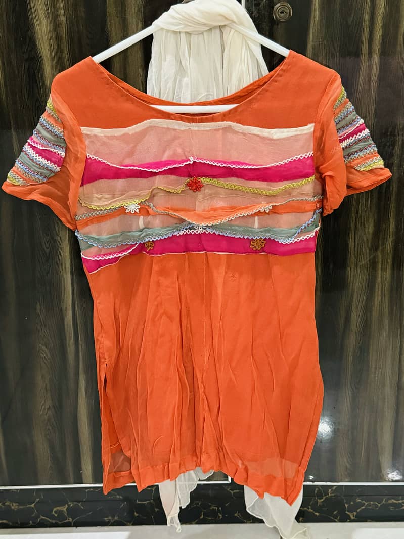 Orange T Shirt with Net Lace, Sharara, and Under Trouser 0