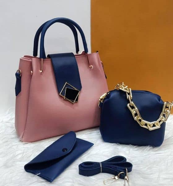 Women's PU Leather Plain Handbag, Pack Of 3 4