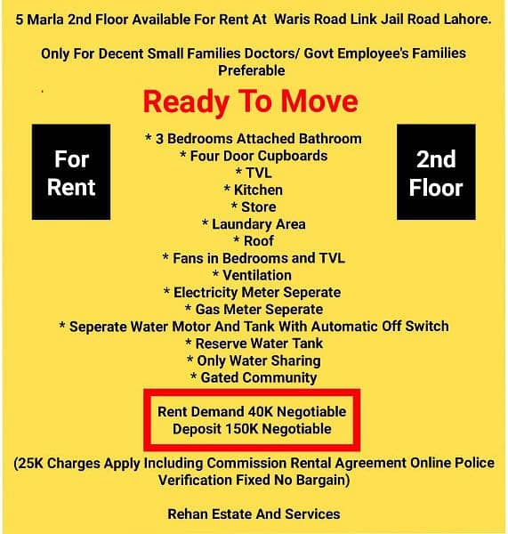 5Marla 2nd Floor For Rent At  Waris Road Link Jail Road Lahore 0