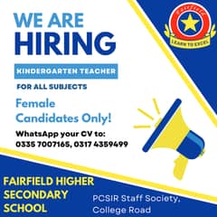 FEMALE TEACHERS for our School at PCSIR Staff Colony