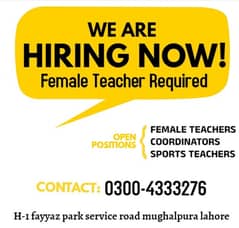 staff required for school (female preferably) teachers and coordinator