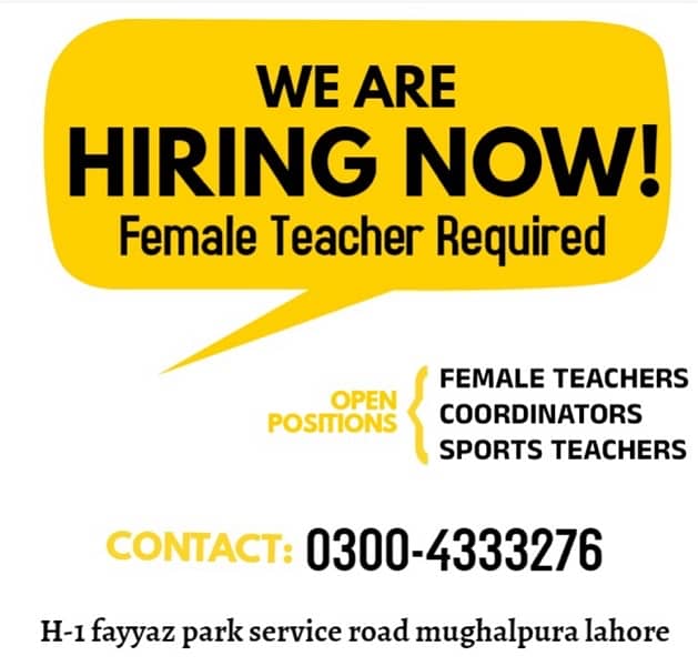 staff required for school (female preferably) teachers and coordinator 0