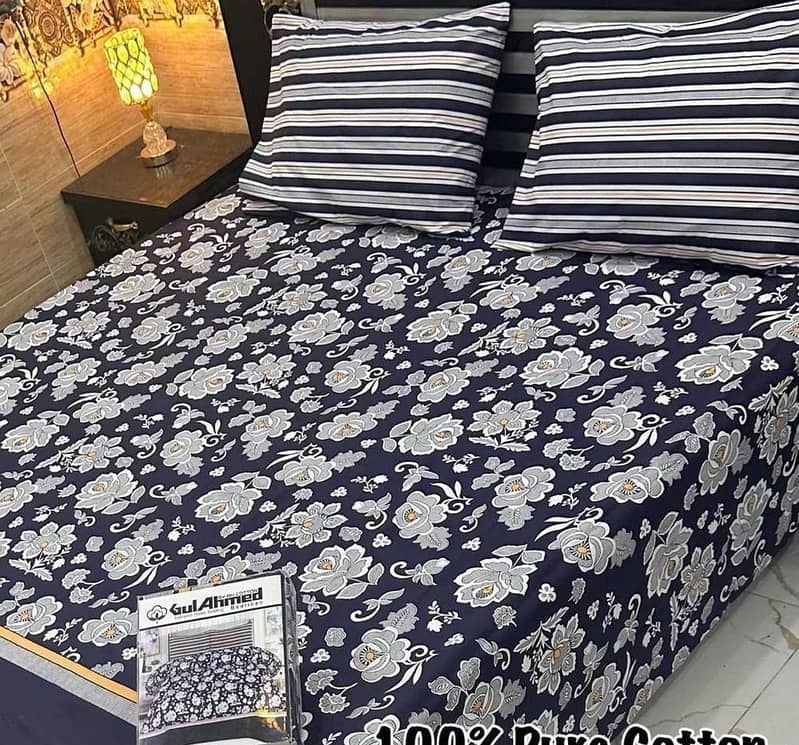 3 Pcs Cotton Printed Double Bedsheet 0