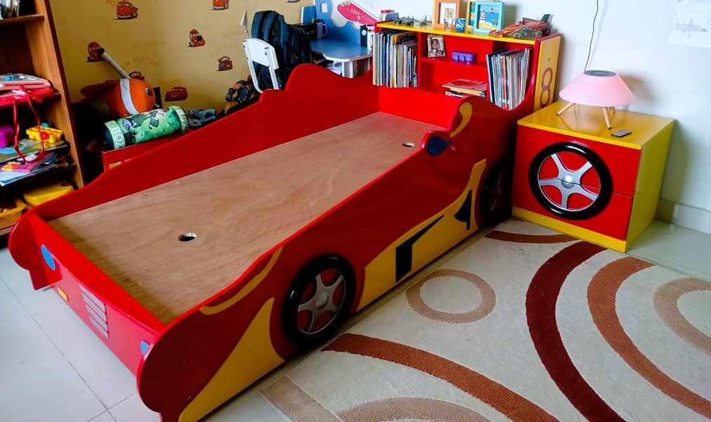 Kids Car-Themed Single Bed with Side Table 0