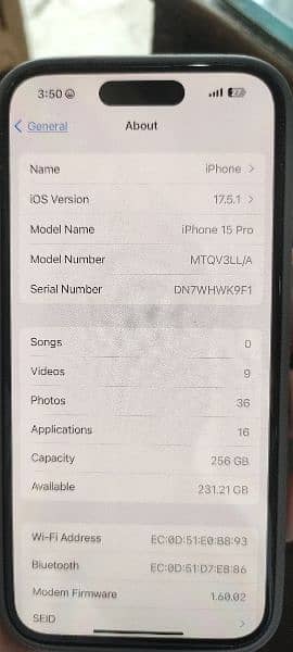 iphone 15pro 256GB Blue colour 100% Betry 16 Sycle 5