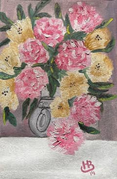 Oil painting pink and yellow flowers