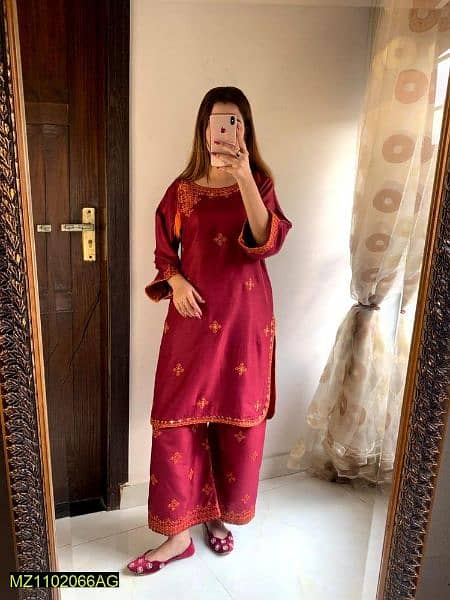 2 Pcs women Stitched linen Embroidred shirt and trouser 2