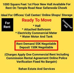 1000 Sq. Ft 1st Floor Hall For Rent at Temple Rd Near Safanwala Chowk
