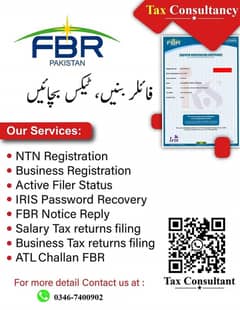 Tax Consultant, Income Tax Return, e-filing, FBR, Tax Filer, NTN, GST 0