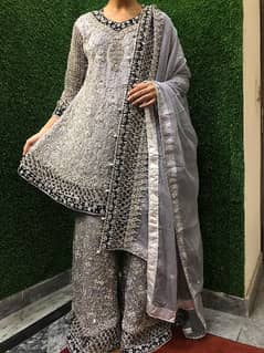 Bridal Walima Dress | Grey Color | Frock/Peplum | Sharara | Dupatta