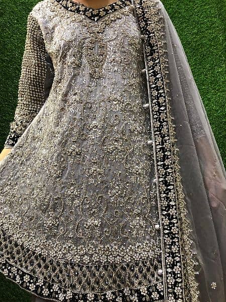 Bridal Walima Dress | Grey Color | Frock/Peplum | Sharara | Dupatta 1