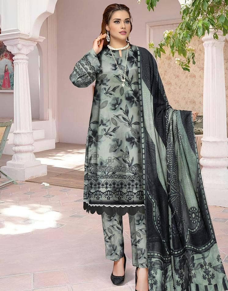 3 Pcs Women's Unstitched Lawn Printed Suit 1