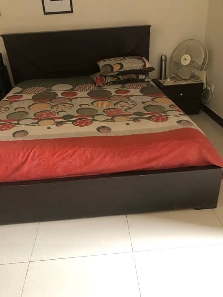 King size Bed with 2 side tables, 1 King size matress, 1 dressing 1