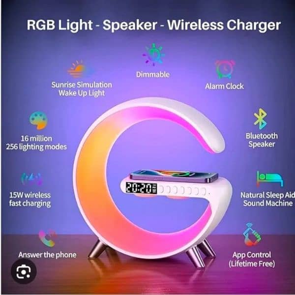 RGB Light G Shape Bluetooth Speaker, Wireless Charger, Clock Portable 0