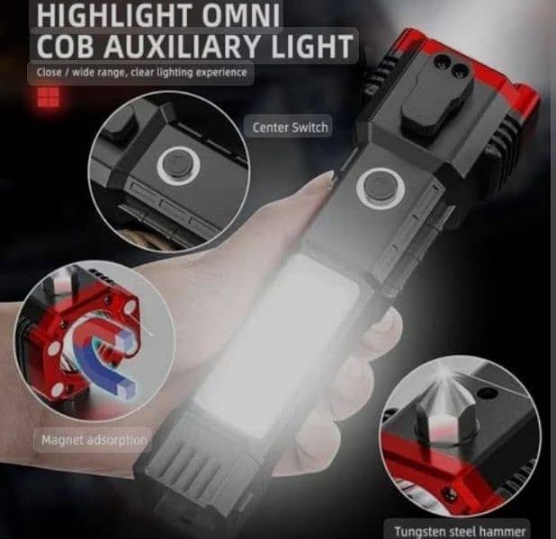 powerful torch/flashlight with power bank hammer and cutter 1