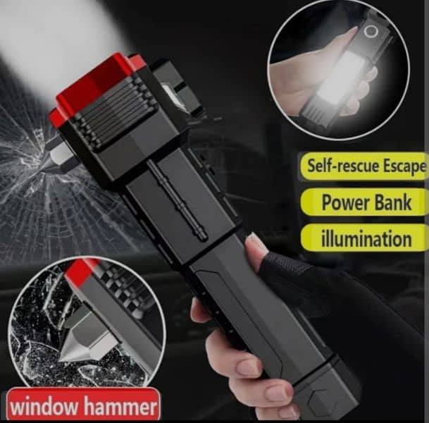 powerful torch/flashlight with power bank hammer and cutter 3