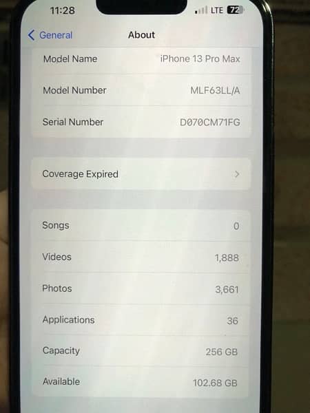 Iphone 13 Pro Max , PTA approved , 256GB , LLA model. 88Battery health 7