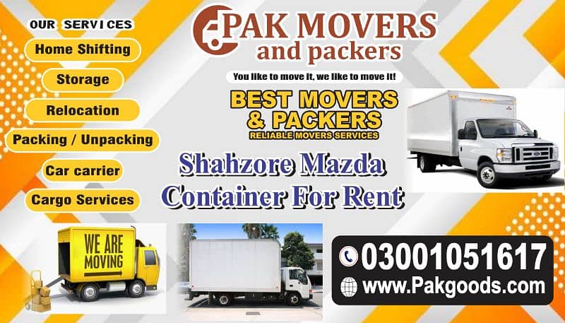 Home shifting and relocation/cargo and Goods transport container Mazda 2