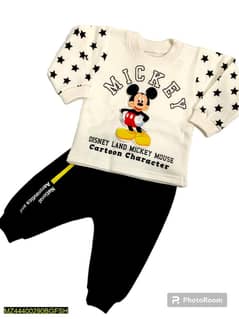 2 pcs baby's stitched fleece printed T-shirt and trouser set