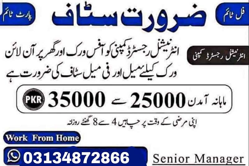 Male and Female staff required for online and office work 0
