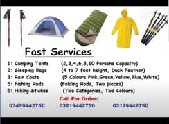 ¹ We have show cover/Fishing rods/Sleeping Bags/Camping tents/raincoa